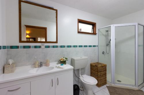 a bathroom with a toilet and a sink and a shower at Te Ava Beach Villas in Rarotonga