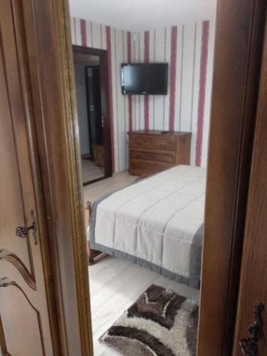 a bedroom with a bed and a dresser and a television at Hotel Villa Natali in Chişinău