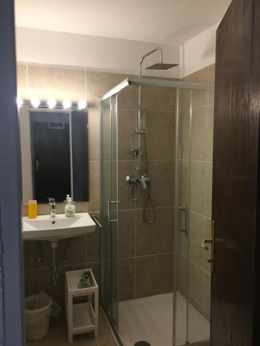 ein Badezimmer mit Dusche und Waschbecken in der Unterkunft Karwendel-Lodge in Scharnitz