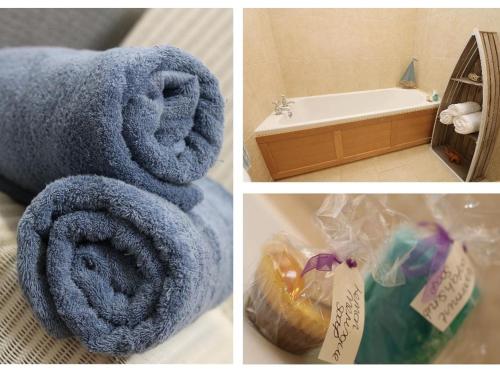 drie foto's van een blauwe handdoek in de badkamer bij Hazel Barn in Falmouth