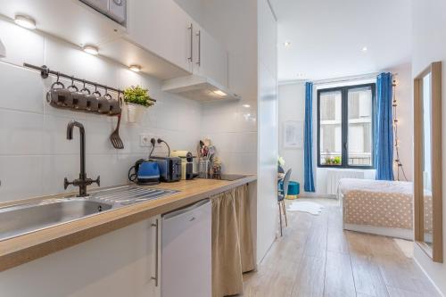une cuisine avec un évier et un plan de travail dans l'établissement Les Cocons Emeraude et Fleuri, à Lyon
