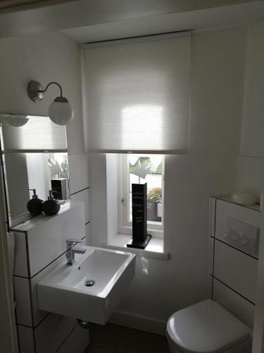 ein Badezimmer mit Waschbecken, Toilette und Fenster in der Unterkunft Haus Friedrichsen in Hollingstedt
