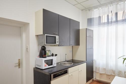 a small kitchen with a microwave and a sink at Modern Apartment suitable for Longstays in Vienna