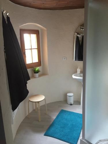 une salle de bains avec un tapis bleu et une fenêtre dans l'établissement appartement château de la Comtesse, à Saint-Gervais-les-Bains