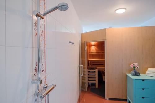 a shower stall in a bathroom with a blue cabinet at Hotel & Restaurant Lindengarten in Lübben