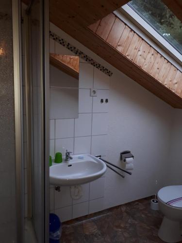 ein Bad mit einem Waschbecken und einem WC in der Unterkunft Meschkes Gasthaus Pension in Hohnstein