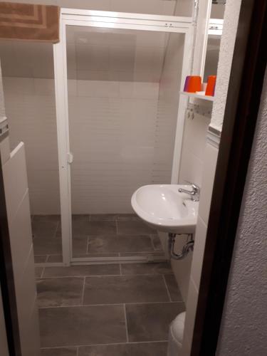 La petite salle de bains est pourvue d'un lavabo et de toilettes. dans l'établissement Meschkes Gasthaus Pension, à Hohnstein