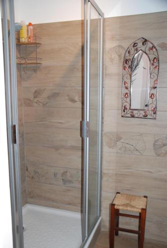 d'une douche avec une porte en verre et un miroir. dans l'établissement Studio - Juan les pins - proximité plages, à Antibes