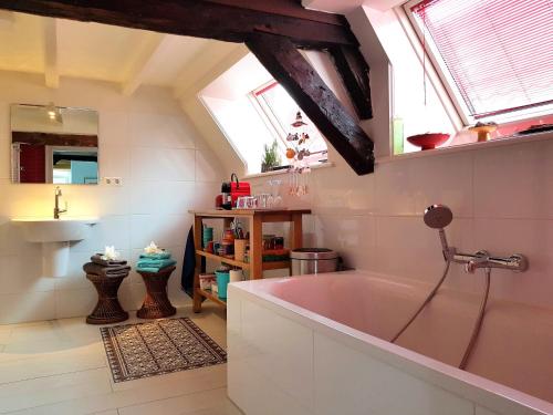 a bathroom with a bath tub and a sink at Large Historical Apartment & Canal Terrace in Utrecht