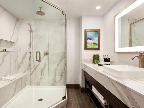 a bathroom with a shower and a sink at Buena Vista Suites Orlando in Orlando