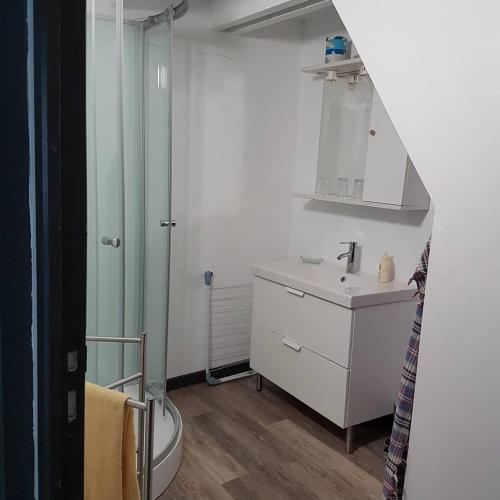 une salle de bain avec toilettes, lavabo et douche dans l'établissement Gîte Aux Tournesols, à Malaucène