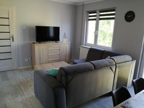 a living room with a couch and a flat screen tv at Apartament Nad Dziwną in Dziwnów