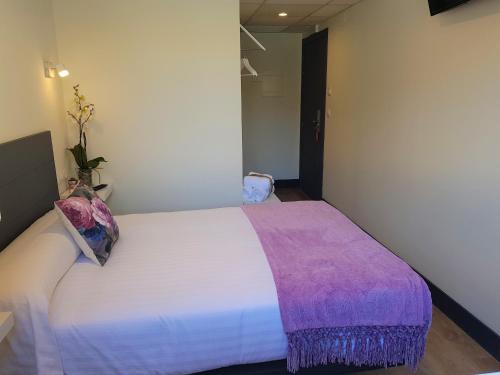 a bedroom with a large white bed with a purple blanket at Hotel Malecon in O Barco de Valdeorras