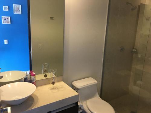 a bathroom with a toilet and a sink and a shower at Napoles Condo Suites in Mexico City