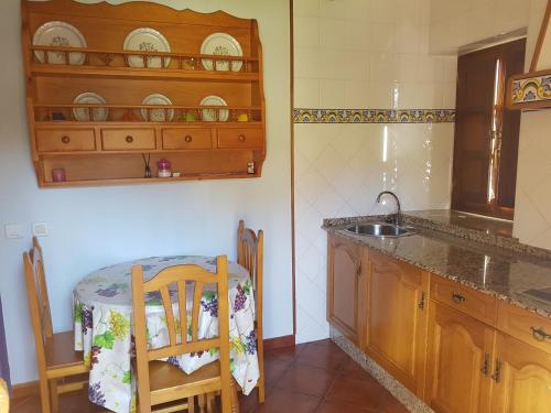 cocina con fregadero y mesa con silla en Apartamentos Rurales Casa Caleya, en Arancedo
