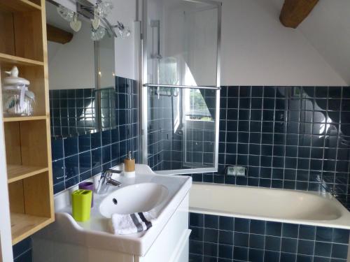 ブロワにあるLa Maison du Closierの青いタイル張りのバスルーム(シンク、バスタブ付)