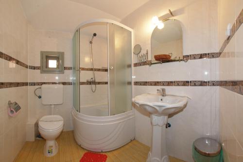 a bathroom with a sink and a toilet and a shower at Villa Hera in Băile Herculane