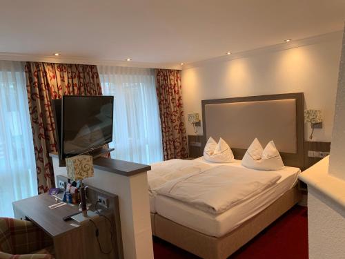 ein Hotelzimmer mit einem Bett und einem Flachbildfernseher in der Unterkunft Gästehaus Alpinia in Berlin
