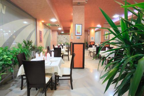 une salle à manger avec tables, chaises et plantes dans l'établissement Hotel Rainbow 3 Resort Club, à Sunny Beach