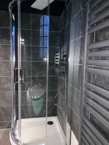 eine Dusche mit Glastür im Bad in der Unterkunft Le Paradis Perdu in Rouen