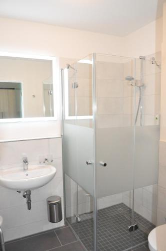a bathroom with a shower and a sink at Avalon Ferienwohnungen Bellevue in Fehmarn