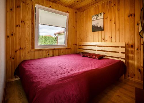 a bed in a wooden room with a window at Kunigiškių 2 in Palanga