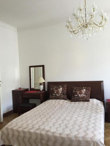 ein Schlafzimmer mit einem großen Bett und einem Kronleuchter in der Unterkunft Apartman Vridelni 136 Karlovy Vary in Karlsbad