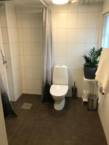 La salle de bains est pourvue d'une douche et de toilettes. dans l'établissement Tunneberga Gästgifvaregård, à Jonstorp