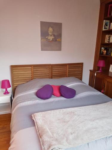 ラ・ブレスにあるChalet La Zaubette 8 personnesのベッド1台(上に紫色の枕2つ付)