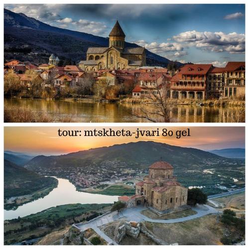 a collage of two pictures of a town and a lake at Lilu in Tbilisi City