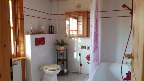 uma casa de banho com um WC e um chuveiro em Fewo to Hus em Bad Bederkesa