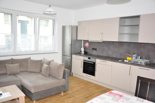 ein Wohnzimmer mit einem Sofa und einer Küche in der Unterkunft Ebersheim Luxus Plaza in Mainz