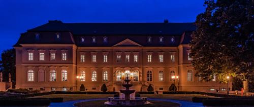 a large building with a fountain in front of it at night at La Contessa Castle Hotel in Szilvásvárad