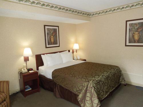 a hotel room with a bed and a telephone at Days Inn by Wyndham Cleveland Lakewood in Lakewood