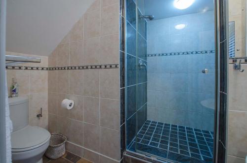 ein Bad mit einer Glasdusche und einem WC in der Unterkunft Herolds Bay Accommodation - Bergwater Upstairs in Herolds Bay