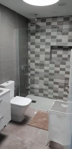 a bathroom with a toilet and a shower and a sink at casa sea front costa teguise in Costa Teguise