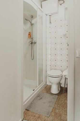 a white bathroom with a toilet and a shower at “Ivory house”with sea view in Manarola
