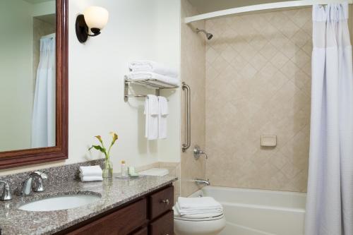 uma casa de banho com um lavatório, um WC e um chuveiro em Hotel Anthracite em Carbondale