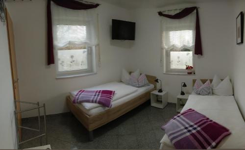 a bedroom with two beds and two windows at Ferienhaus Ringelwiese in Schönstedt