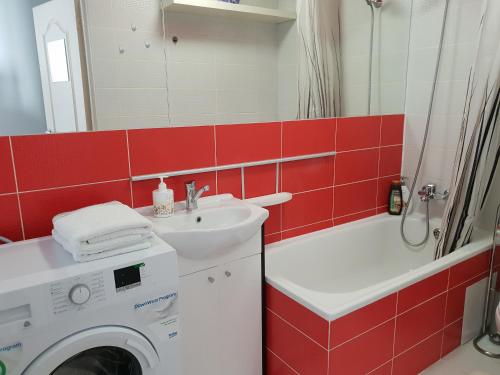 W łazience znajduje się pralka i umywalka. w obiekcie Cozy one bedroom apartment in Old Town w Wilnie