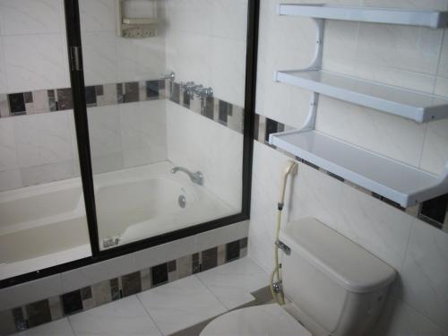 a bathroom with a shower and a toilet and a tub at Hotel Rivera Plaza in Cali