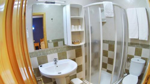 a bathroom with a sink and a shower and a toilet at Hs San Francisco - CÉNTRICO in Almagro