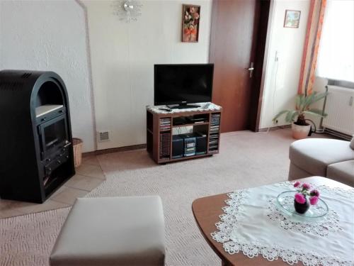 a living room with a tv and a table at Ferienwohnung Eckoldt in Eisenberg