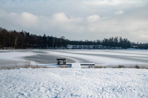 a bench sitting in the snow in a frozen lake at Wypoczynek na Kaszubach przy jeziorach i lasach in Mokrzyn