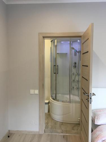 baño con ducha y puerta de cristal en AV Apartment en Rēzekne