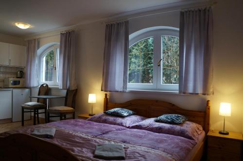 a bedroom with a bed with purple sheets and two windows at Penzion Kutil Trojanovice in Frenštát pod Radhoštěm