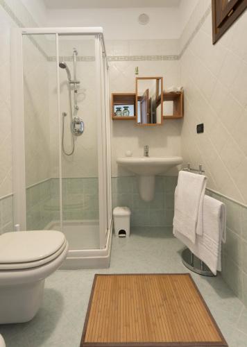 a bathroom with a shower and a toilet and a sink at Agrialpi by Salfrutta in Bricherasio