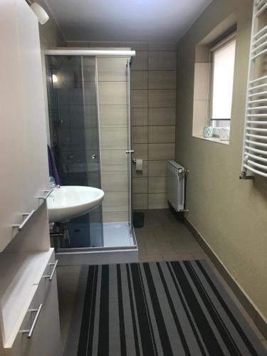 a bathroom with a glass shower and a sink at Apartament u Doroty in Augustów