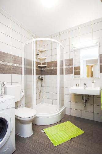 a bathroom with a shower toilet and a sink at Apartmani Gnjidic in Srima