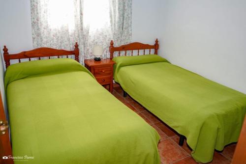 Dos camas en una habitación con sábanas verdes. en Apartamento El Serrano, en Benaoján